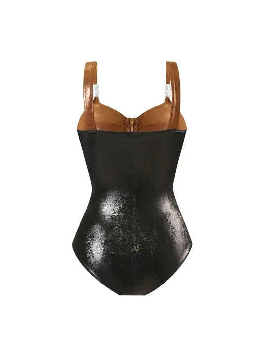 Metallic Tricolour Cut-Out Swimsuit & Ruched Skirt Set