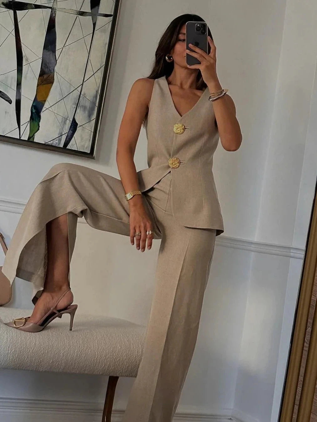 Shell Long Vest Waist Coat & Wide Leg Pant With Slit Coord Set