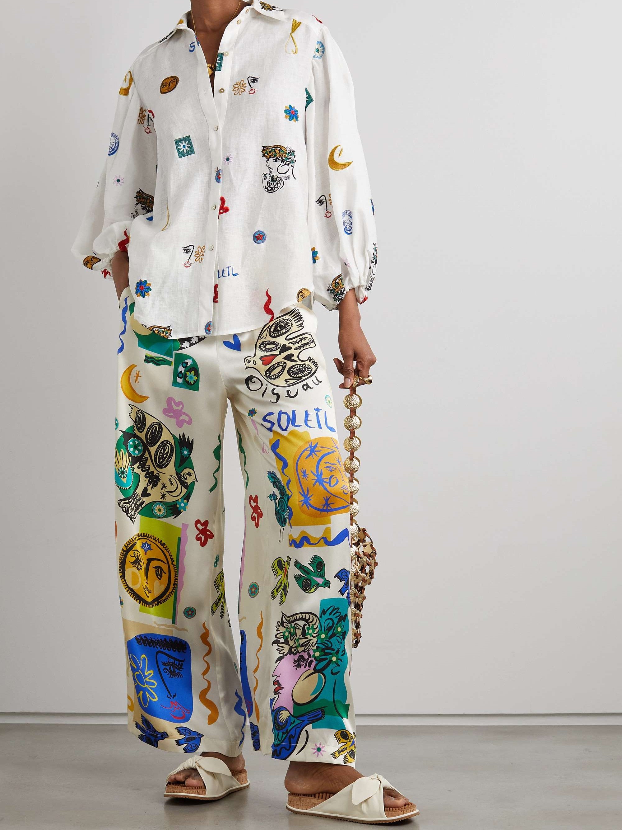 White Abstract Print Satin/ Linen Shirt & Pants Coord Set