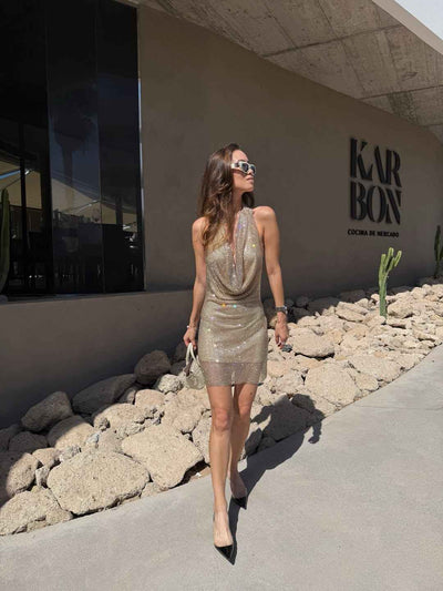 Rhinestone mesh deep cowl halter mini dress in champagne gold on sale