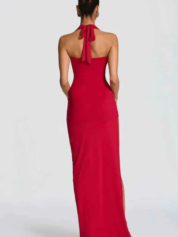 Exclusives Deep Cowl Halter High-Slit Maxi Dress in red with a back-tie halter, floor-length.