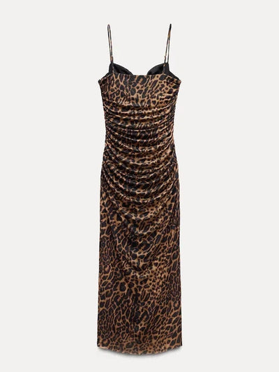 Animal/ Black Print Spaghetti Strap Ruched Dress