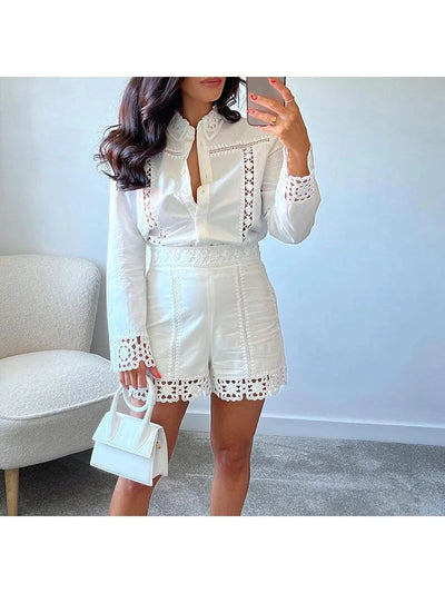 White Crochet Shirt and Shorts Coord Set