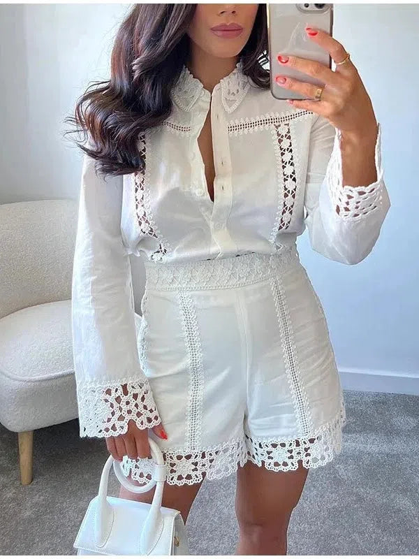 White Crochet Shirt and Shorts Coord Set