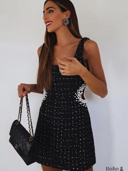 Tweed Pearl Beaded Cutout Short Dress