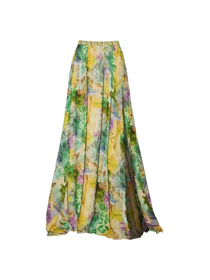 Tropical Print Cut-Out Swimsuit & Maxi Skirt Set