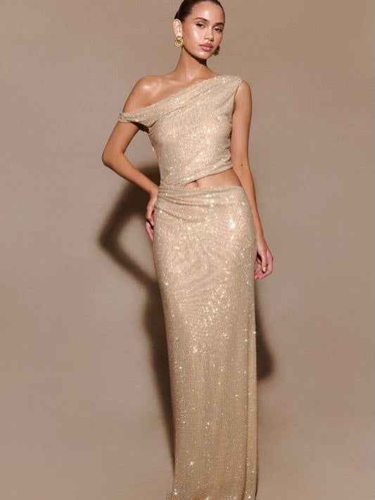 One-Shoulder Cutout Sparkle Maxi Dress in champagne gold sequins by Exclusives, on sale.