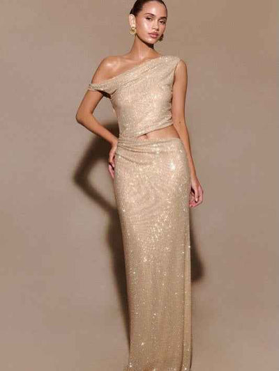 One-Shoulder Cutout Sparkle Maxi Dress in champagne gold sequins by Exclusives, on sale.
