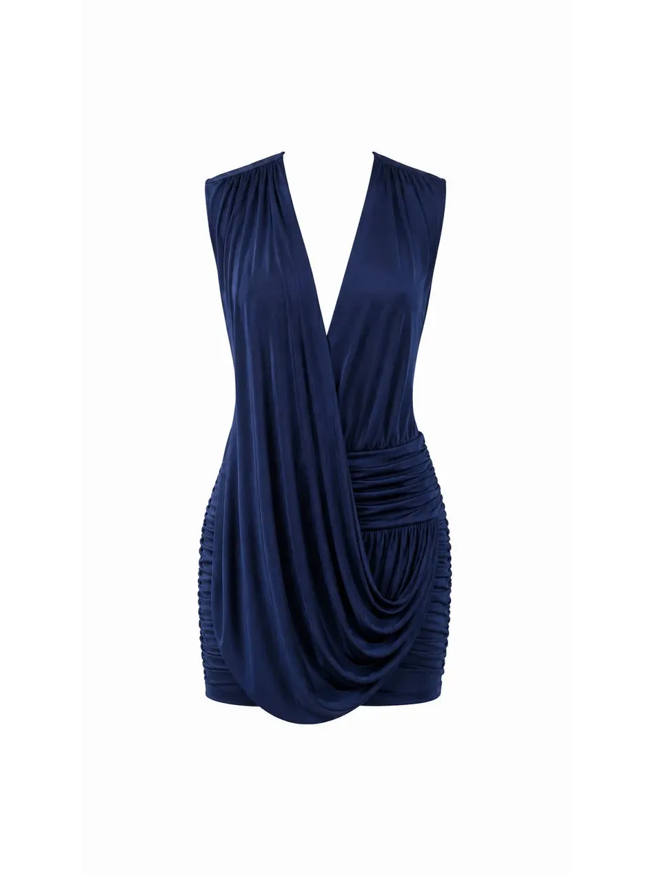 Aurelia Draped Plunge Mini Dress EXCLUSIVES navy with deep V neckline and ruched draped sides.