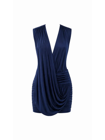 Aurelia Draped Plunge Mini Dress EXCLUSIVES navy with deep V neckline and ruched draped sides.