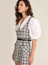 Plaid Tweed Balloon Sleeves Romper With Belt