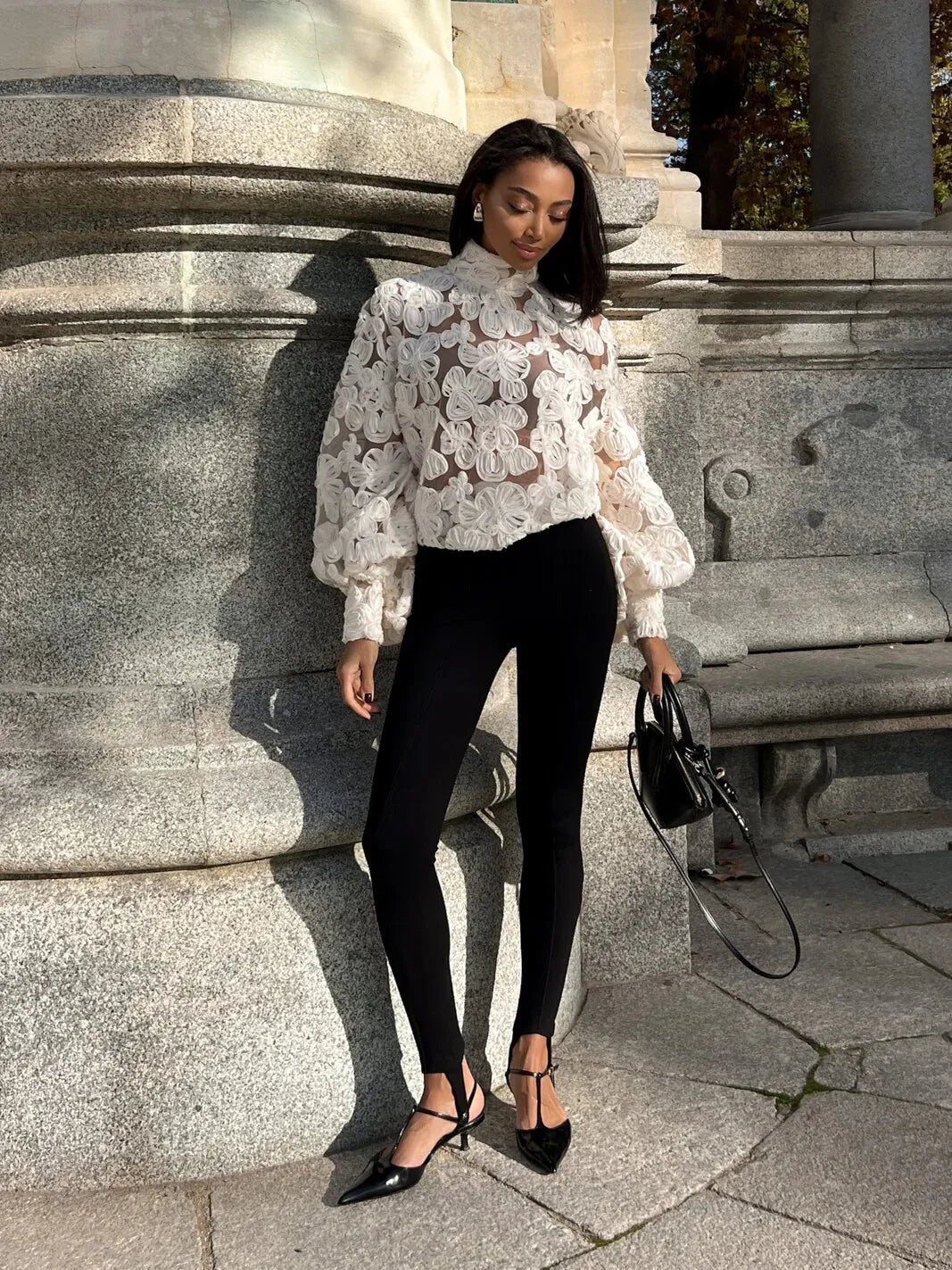 Turtle Neck Bell Sleeve Applique Flower See through Top