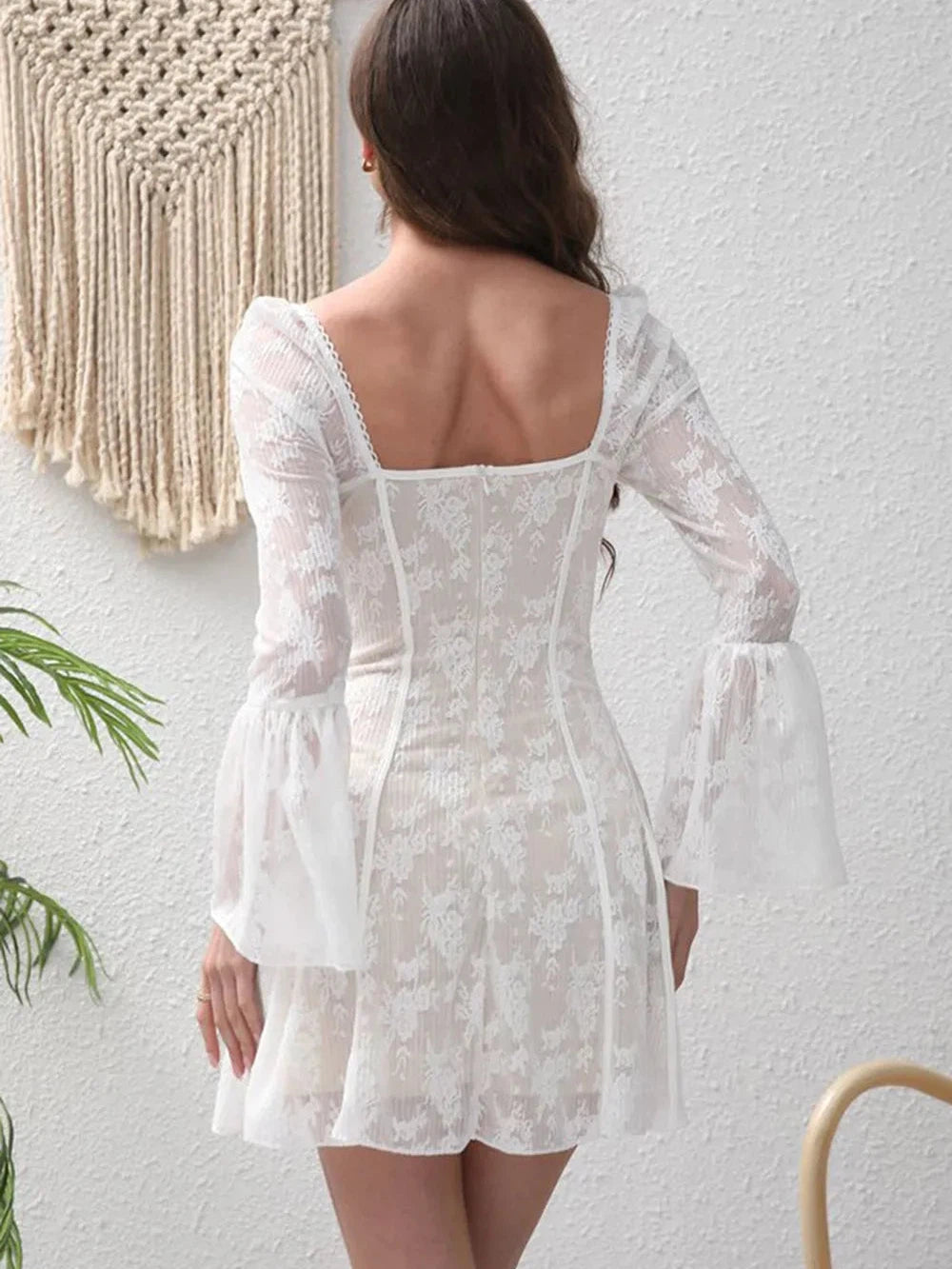 Nesa Lace Boning Corset Bell Sleevees Short Dress