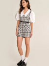 Plaid Tweed Balloon Sleeves Romper With Belt