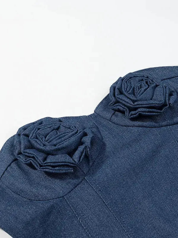 Denim Rose Bustier Top by Exclusives; blue denim tank with shoulder rosette embellishments.