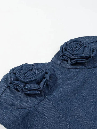 Denim Rose Bustier Top by Exclusives; blue denim tank with shoulder rosette embellishments.