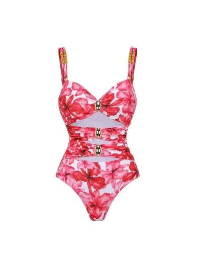 Floral Print Round Buckle Hollow Out Cutout Swimsuit & Skirt Coord Set