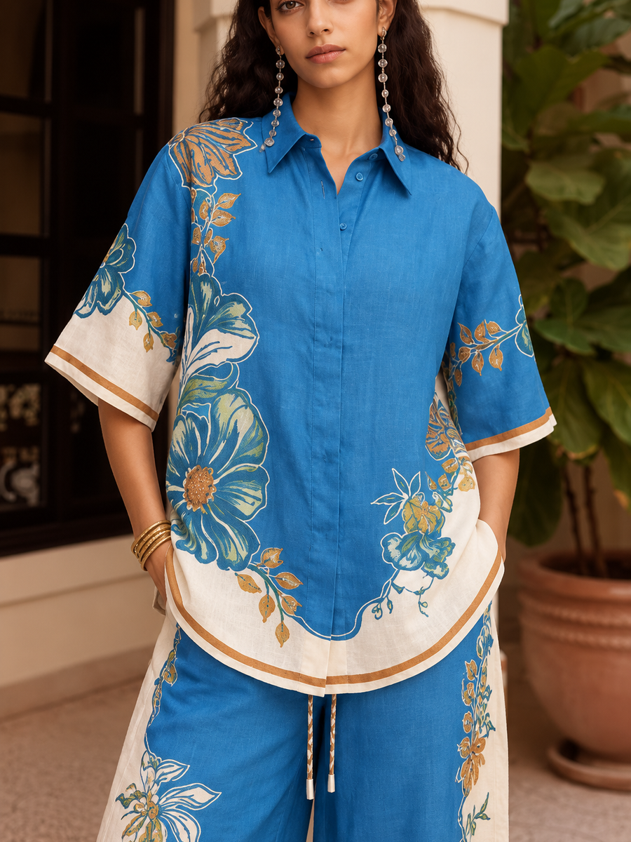 Floral Border Print Shirt & Wide-Leg Pants Set by Exclusives in blue with white-gold floral borders