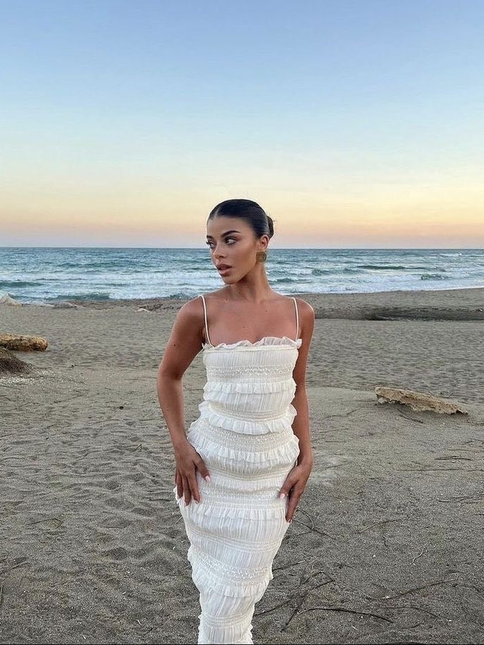 Lace Spaghetti Strap Ruched Shimmer Slit Maxi Dress