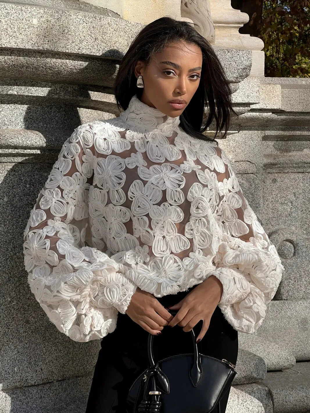 Turtle Neck Bell Sleeve Applique Flower See through Top