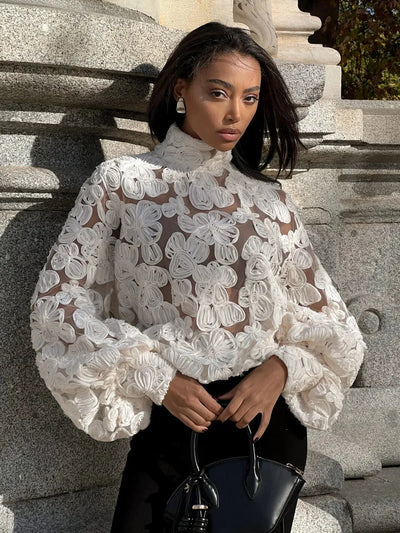 Turtle Neck Bell Sleeve Applique Flower See through Top