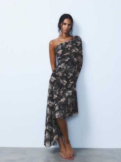 Floral Print One Shoulder Asymmetric Midi Dress