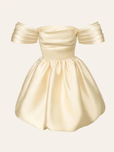 Draped Princess Off Shoulder Pleated Ruched Balloon Short Dress