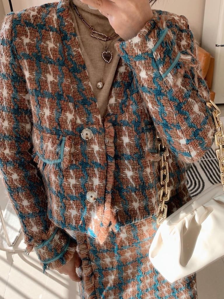 V Neck Tweed Blazer & Slit Skirt Coord Set