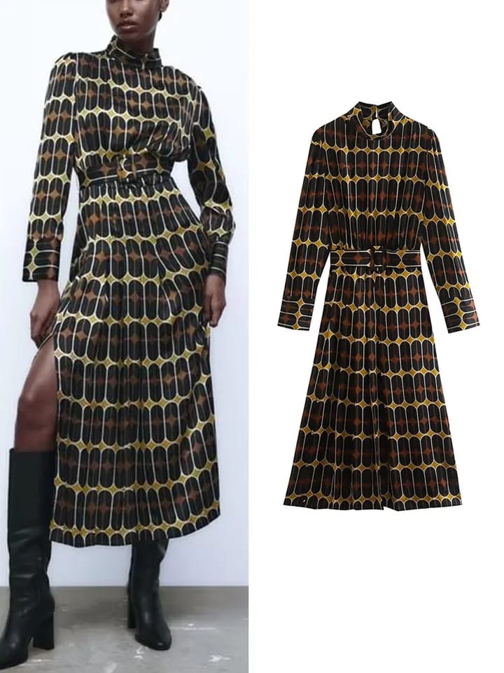 Satin Geometric Print Maxi Dress