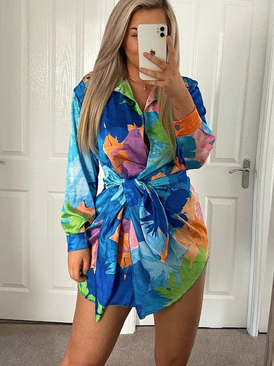 Tie & Dye Print Wrap Short Dress