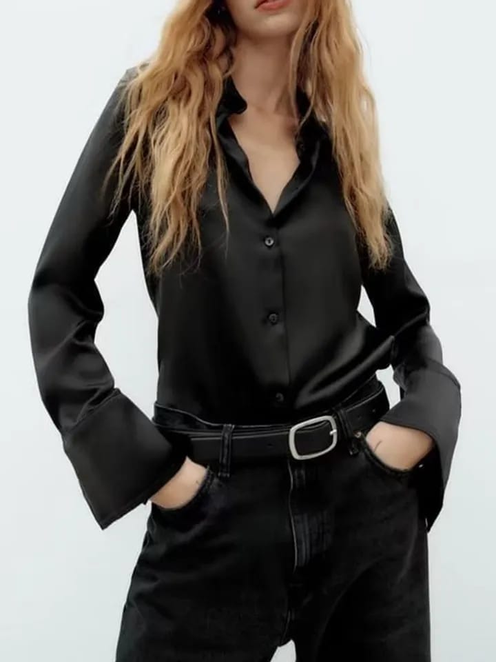 Black & White Plain Satin Shirt
