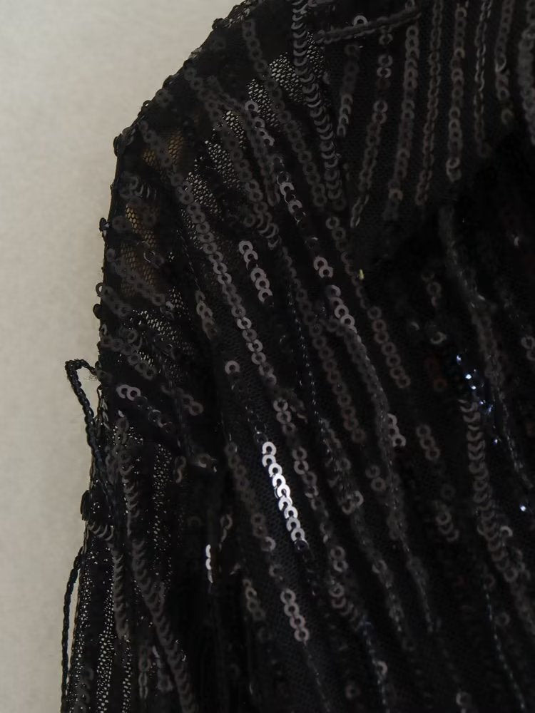 Tassel Mesh Sequins Shirt & Pants Coord Set