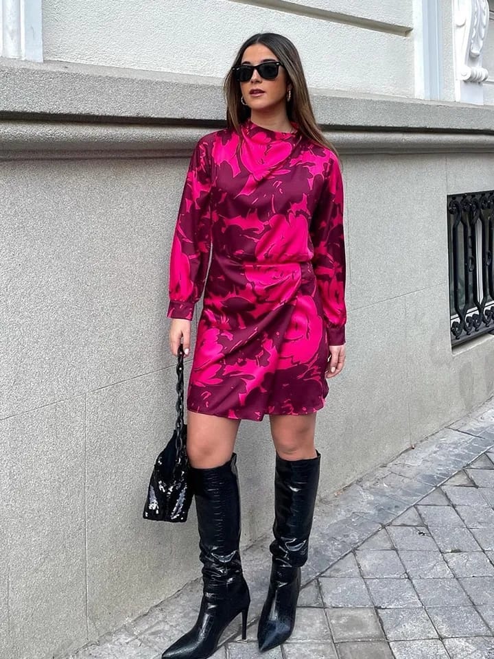 Red Flower Print Short Dress