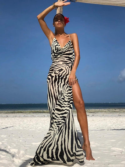 High Slit Zebra Print Backless Maxi Dress