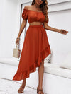 Orange Off Shoulder Top & Asymmetric Skirt Coord Set
