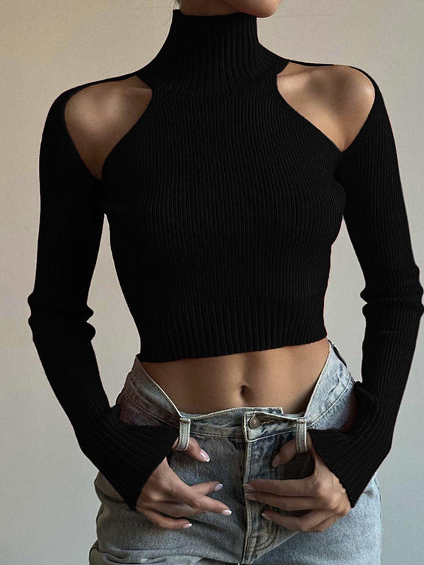 Turtleneck Off Shoulder Black Crop Top T Shirt