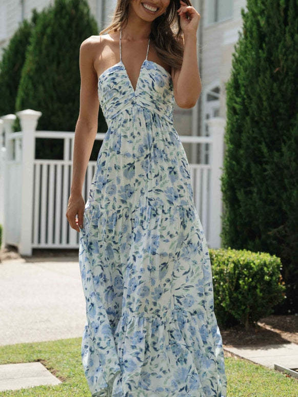 Floral Print Chiffon V Neck Sleeveless Maxi Dress