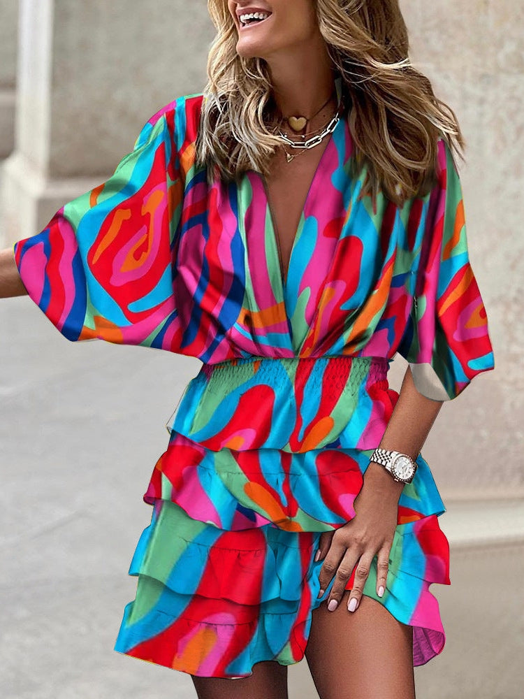 V Neck Irregular Hem Batwing Sleeve Dress