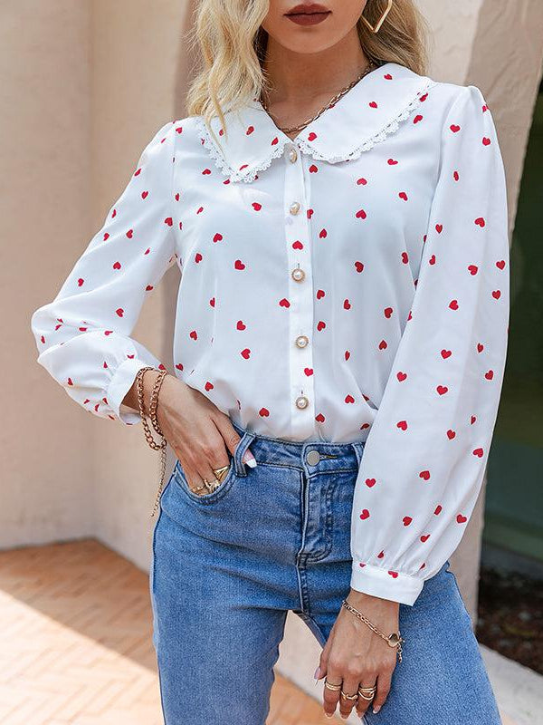 Casual Lantern Sleeve Pan Collar Love Pattern Top - SR Store