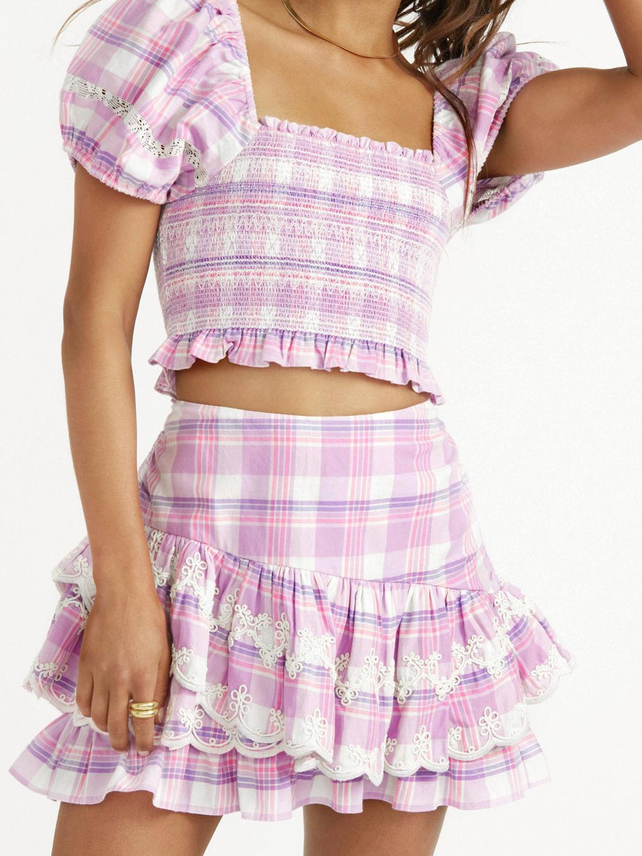 Embroidery Plaid Pleated Lotus Leaf Skirt