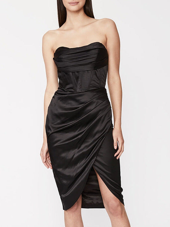 Black Satin Fold Split Hip Tube Corset Dress