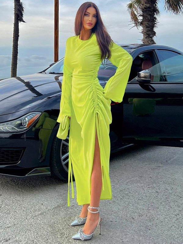 Side Pleated Slit Slim Fitting Round Neck Dress