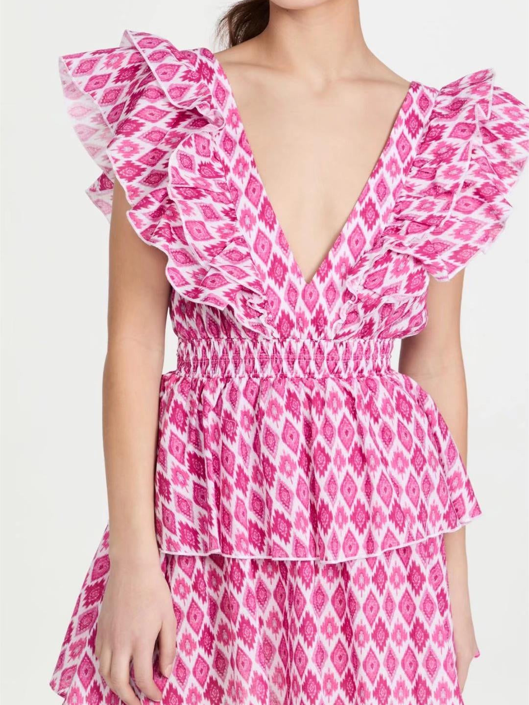 Pink V Neck Sleeveless Double Layer Print Dress
