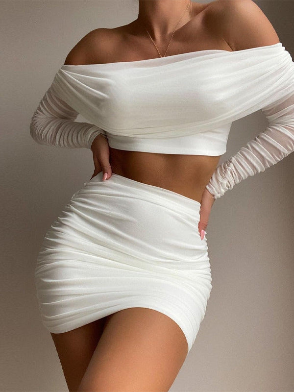 Ruched Off Neck tMesh Top & Skirt Coord Se