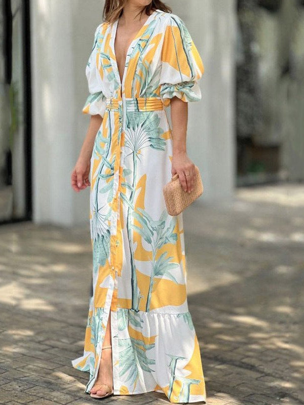 Floral Print V Neck Puff Sleeve Maxi Dress