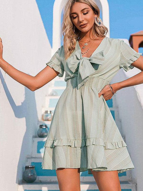 Bow-knot Short Sleeve V-neck Ruffle Stripe Mini Dress
