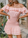 Off Shoulder Pink Ruffle Sheath Dress