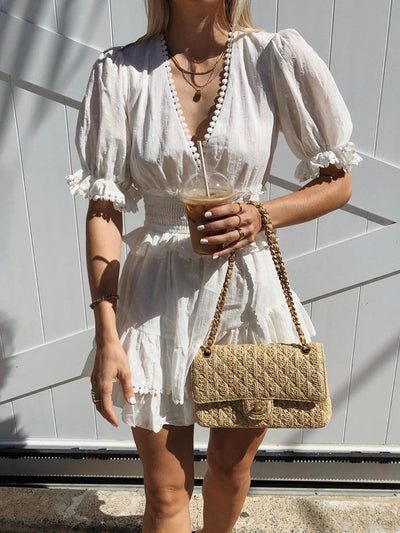 V Neck Short Sleeve Striped Print A Line Dress