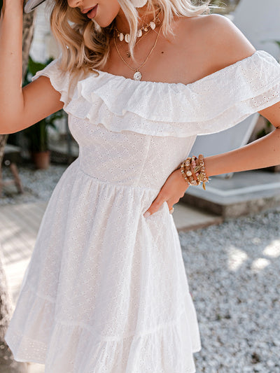 White Off Shoulder Embroidered Ruffle Dress