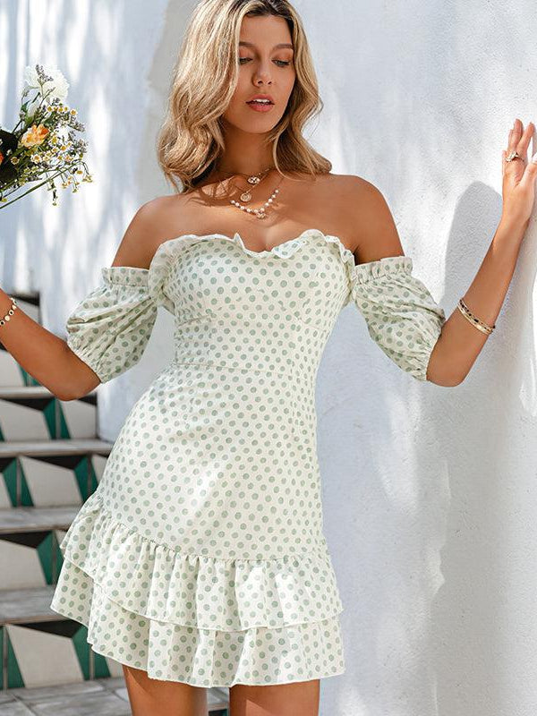 Polka Dot Short Off Shoulder Elastic Sleeve Dress